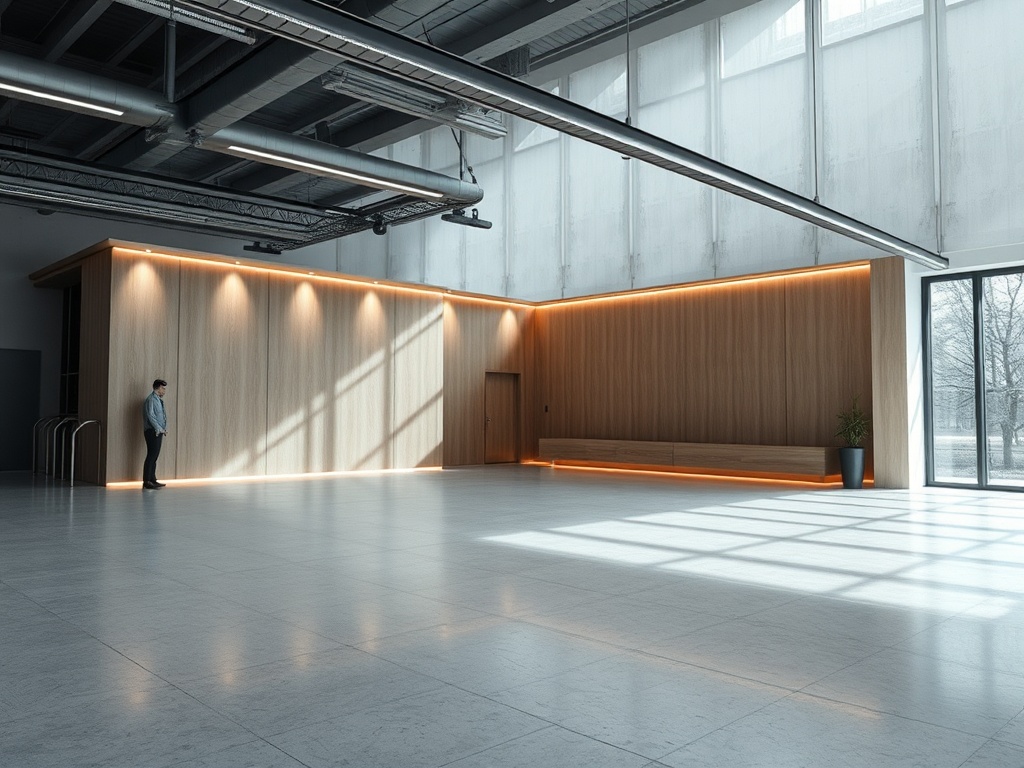 Современное помещение с деревянной стеной, стеклянными окнами и одним человеком в углу.