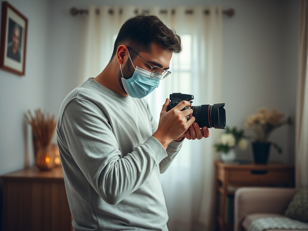 Молодой человек в маске снимает фотоаппаратом в светлом интерьере с растениями на переднем плане.