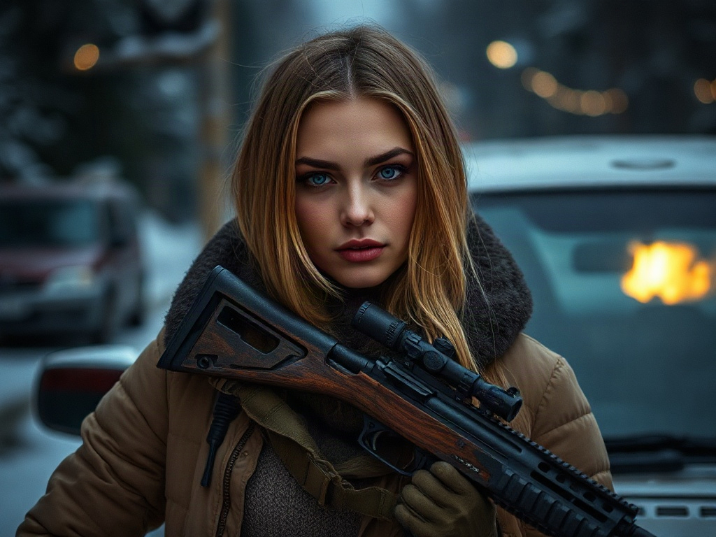 На снимке молодая женщина с оружием, стоящая на фоне зимнего пейзажа и дымящегося автомобиля.
