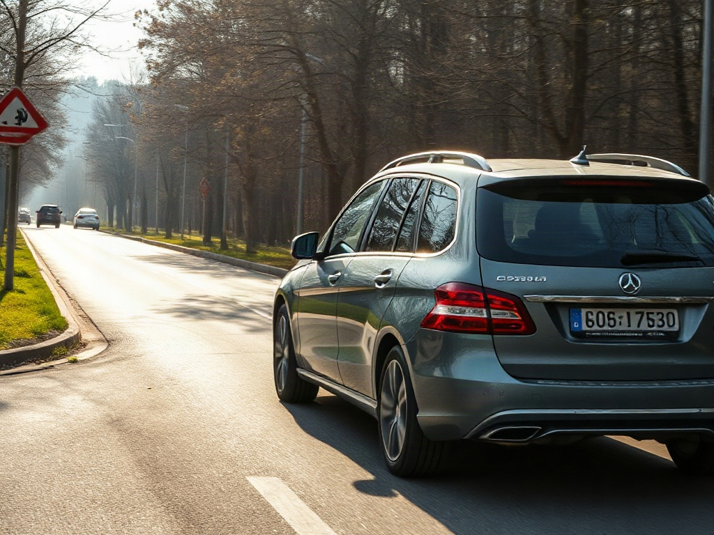 На дороге движется серый автомобиль Mercedes-Benz среди деревьев на обочине. Дневное освещение, ясная погода.