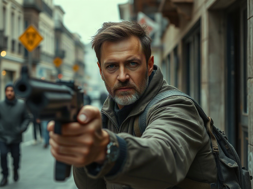 Мужчина с оружием в руках стоит на улице, смотрит прямо в камеру с решительным выражением лица.