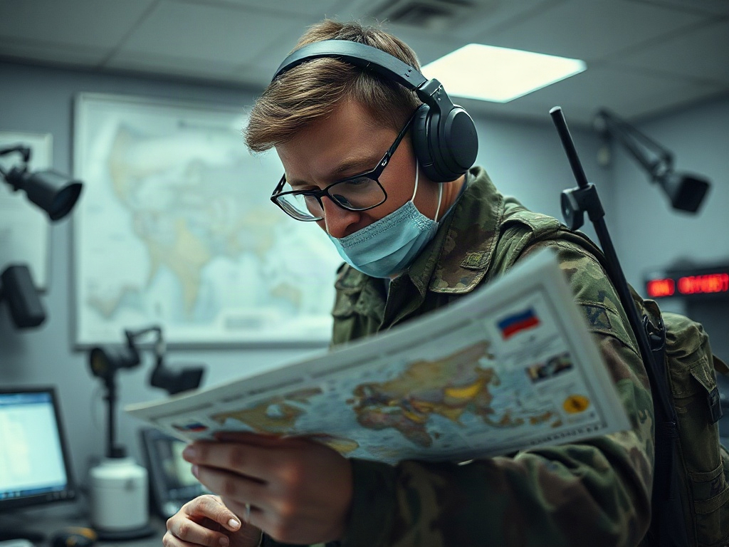 Военный в маске изучает карту в кабинете с оборудованием и картой мира на стене.